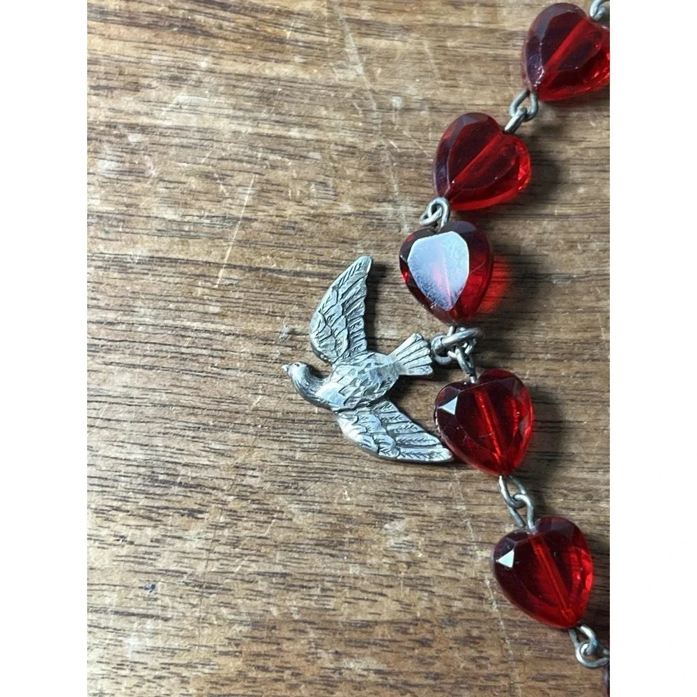 Vtg Religious Bracelet CHAPEL Co. Red Czech Glass Hearts Sterling Silver Charms
